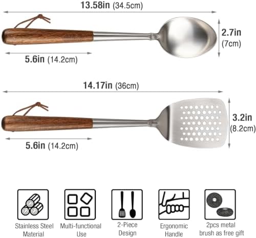 Cooking Spatula 14.2" and Spoon 13.6", Stainless Steel, Wooden Handle