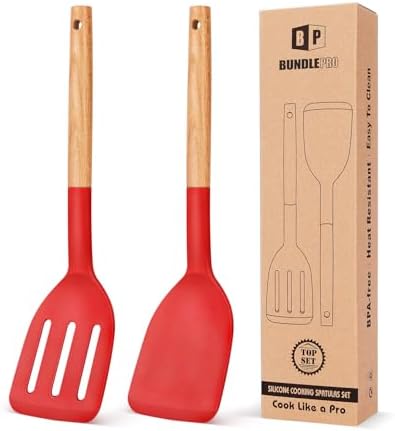 BUNDLEPRO Silicone Spatula, Solid & Slotted Turner, 2 Pack