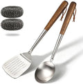 Cooking Spatula 14.2" and Spoon 13.6", Stainless Steel, Wooden Handle