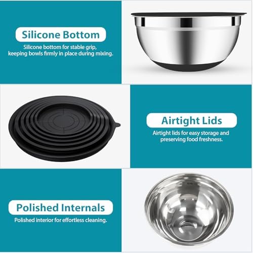 ENVTEK Mixing Bowls Set with Airtight Lids, Non-Slip Silicone Bottoms