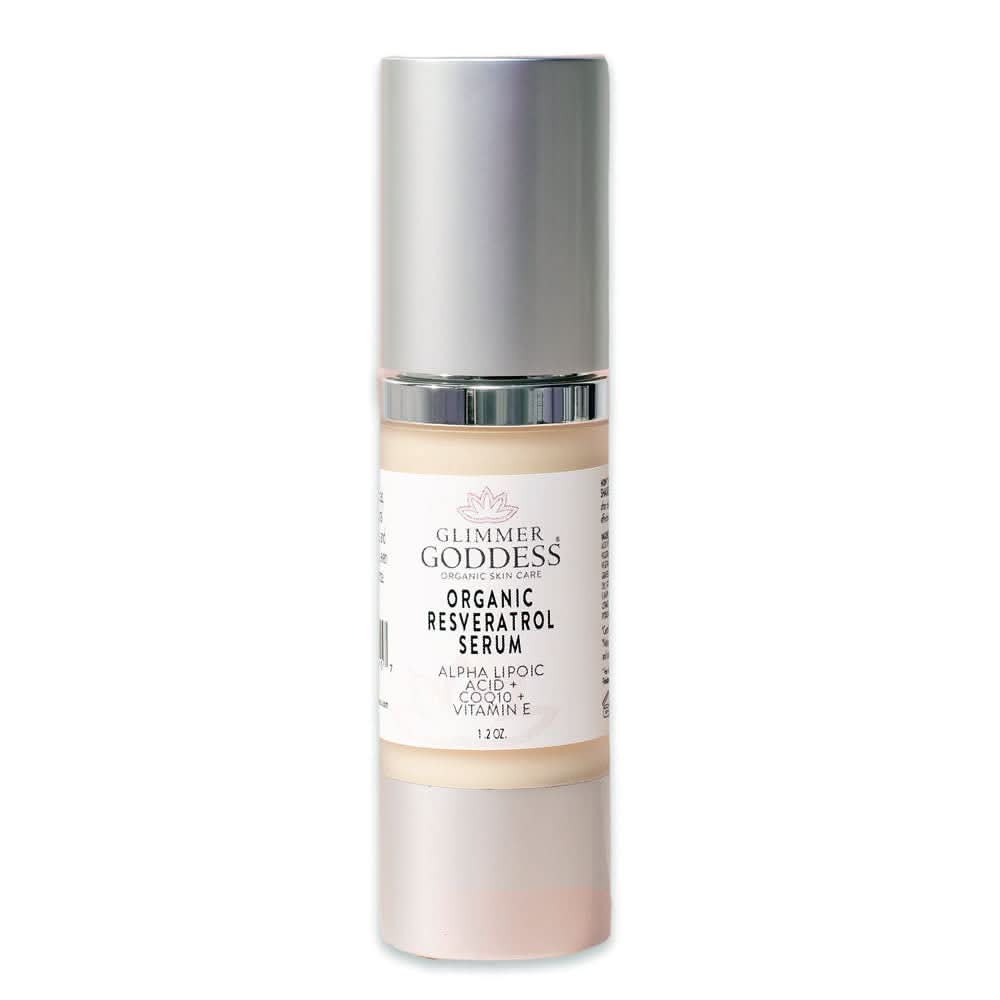 Glimmer Goddess Organic Resveratrol Instant Firming Serum bottle with white and silver packaging.