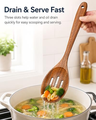 13" Premium Teak Wood Slotted Spoon