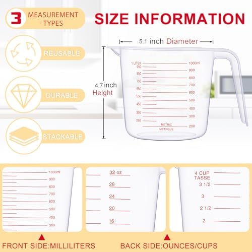 Fabbay 24 Pcs 4 Cup Capacity Plastic Measuring Cup 1000 ml Clear Graduated
