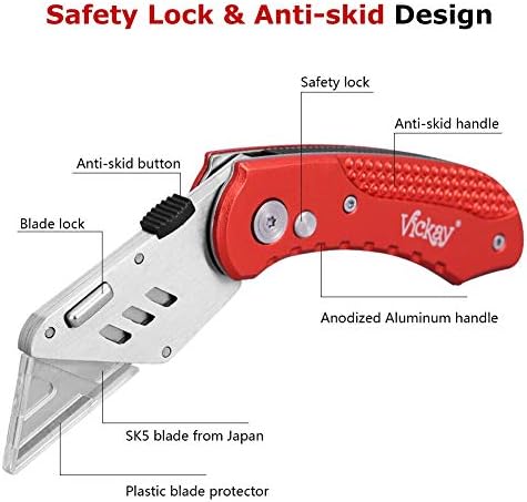 Vickay Folding Utility Knife, Heavy Duty Box Cutter, Razor Knife-Red