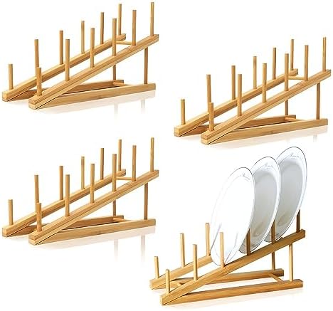 4 PCS Wooden Dish Drying Rack Bamboo Plate Dish Rack Stand Kitchen Cabinet
