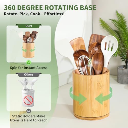 Bamboo Wood Utensil Holder, 360° Rotating 7.3 in Kitchen Organizer