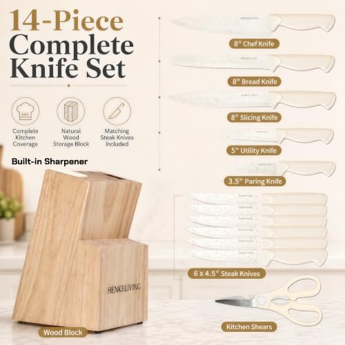 14-Piece Cream Kitchen Knife Block Set