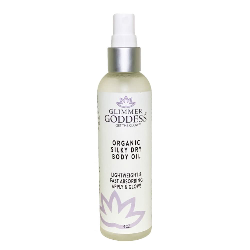 Bottle of Glimmer Goddess Organic Silky Dry Body Oil on a clean background