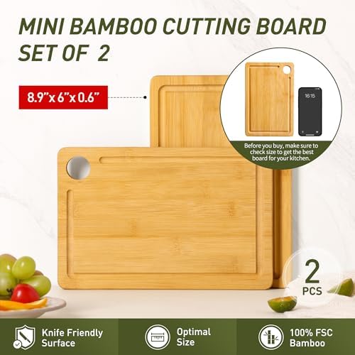 2 Pack Small Bamboo Wood Cutting Board