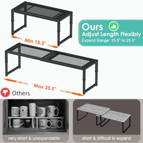 2 Pack Expandable Kitchen Cabinet Shelf Organizer, 15.5"-25.5" Long Adjustable