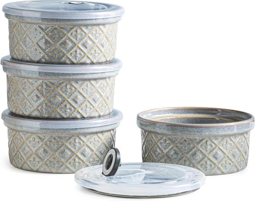 Ceramic Bowls with Lids set of 4, Soup Bowls, 28 oz Ramekins Baking Dishes