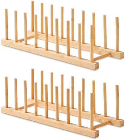2 Pack Bamboo Dish Rack-Plate Pot Lid Organizer Holder Rack
