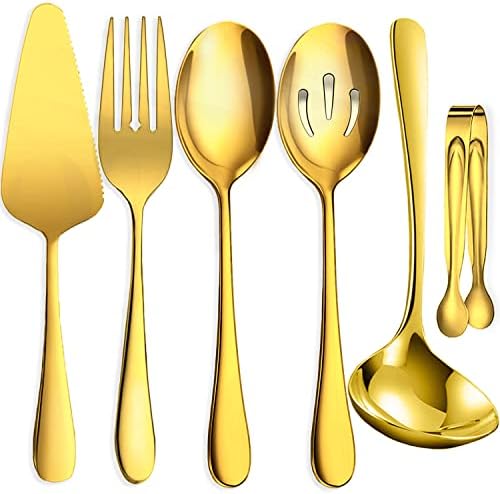 6 PCS Stainless Steel Serving Utensils, Large Serving Spoons Slotted Spoons