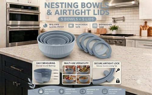 Plastic Mixing Bowls with Lids, 8-Piece Airtight Leak-Proof Nesting BPA-Free