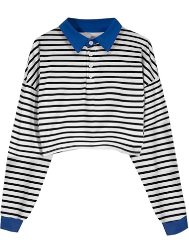 Women's Black Collared Half Button Polo Crop Sweatshirt - Image 21