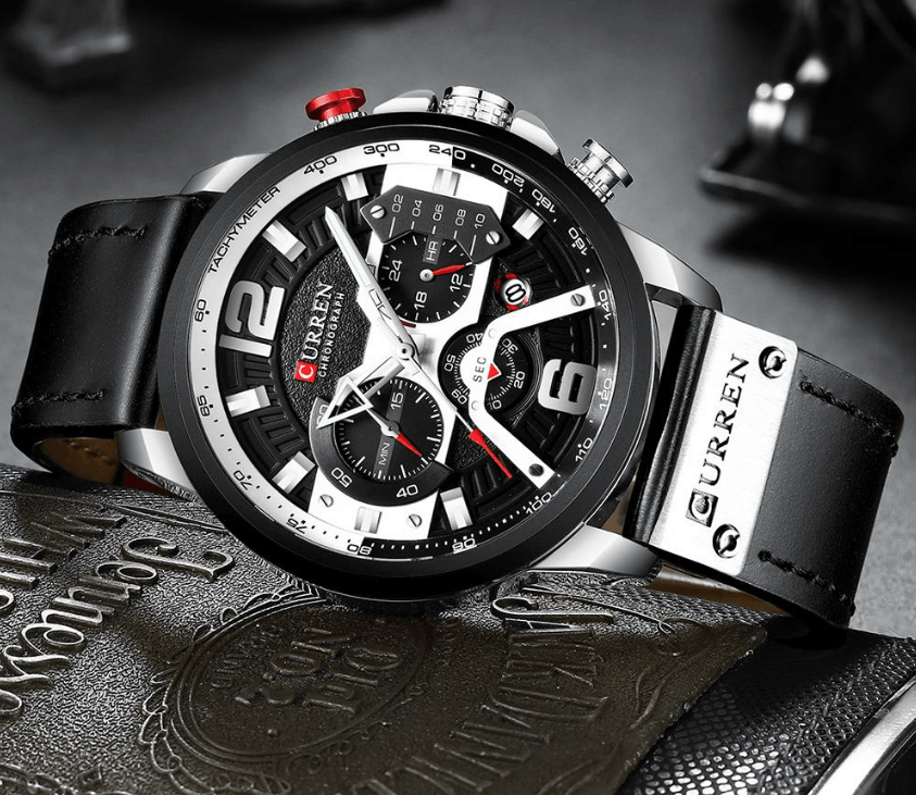 Men's Waterproof Sports Chronograph Watch with Leather Strap