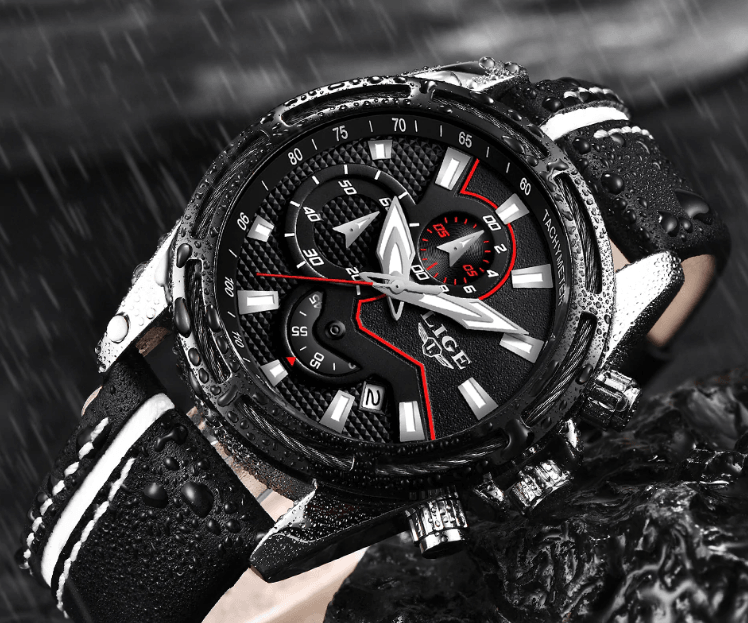 Men's Waterproof Sports Chronograph Watch with Leather Strap