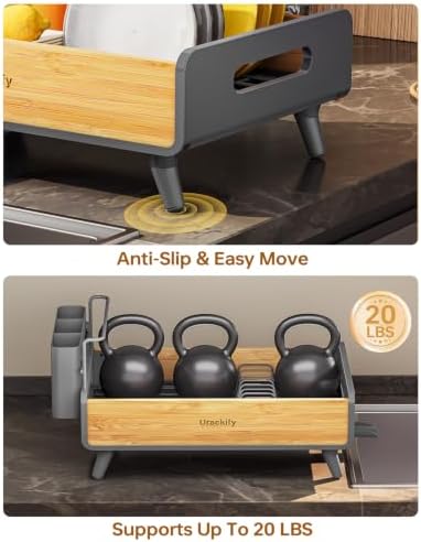 Urackify Modern Dish Rack for Kitchen Counter, Stainless Steel & Bamboo