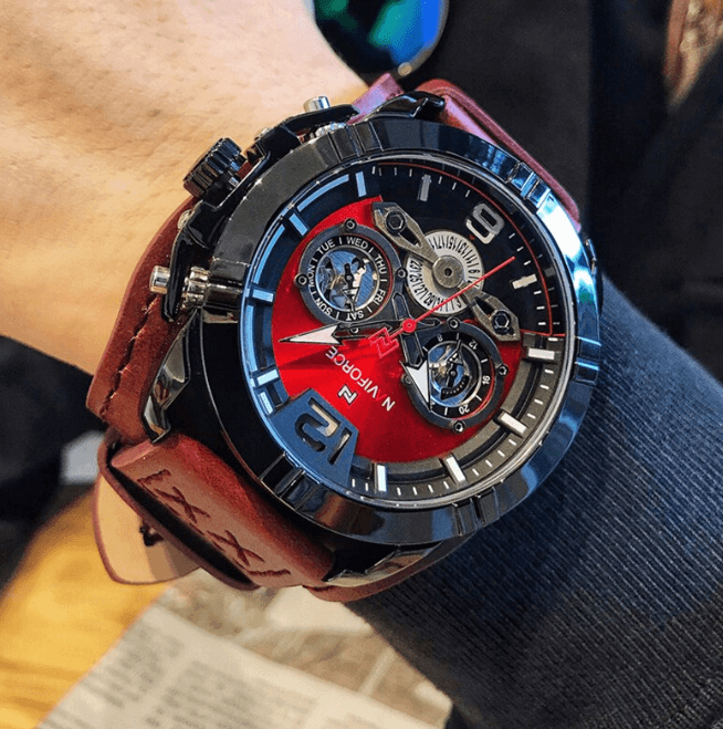 Men's Waterproof Chronograph Watch with Leather Strap & Dial Window