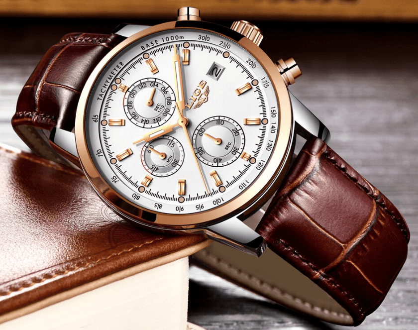 Waterproof Men's Quartz Watch with Chronometers and Brown Strap