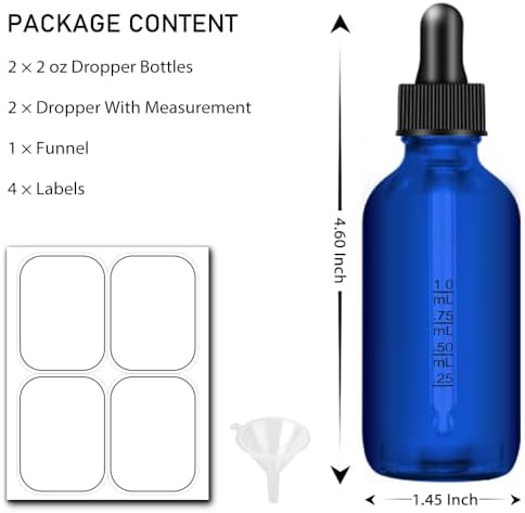 2 Pcs Dropper Bottles 2 OZ, Dark Blue Glass Bottle