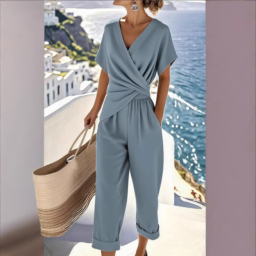 Women's V-Neck Short-Sleeve Jumpsuit with Waist Knot Detail - Image 3