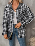 Women's Plaid Button-Down Hooded Jacket Cotton-Blend Shacket