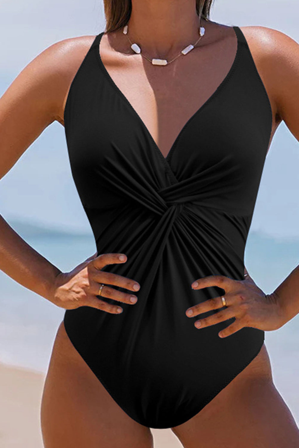 Dark Blue Twist Ruched Crisscross V Neck One Piece Swimsuit