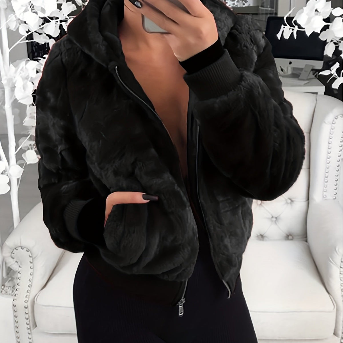 Elegant Hooded Plush Jacket for Autumn Winter Chic