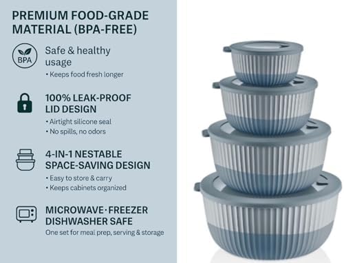 Plastic Mixing Bowls with Lids, 8-Piece Airtight Leak-Proof Nesting BPA-Free