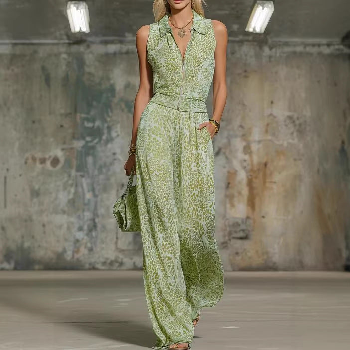 Women's Floral Print Sleeveless Zip-Up Wide Leg Jumpsuit