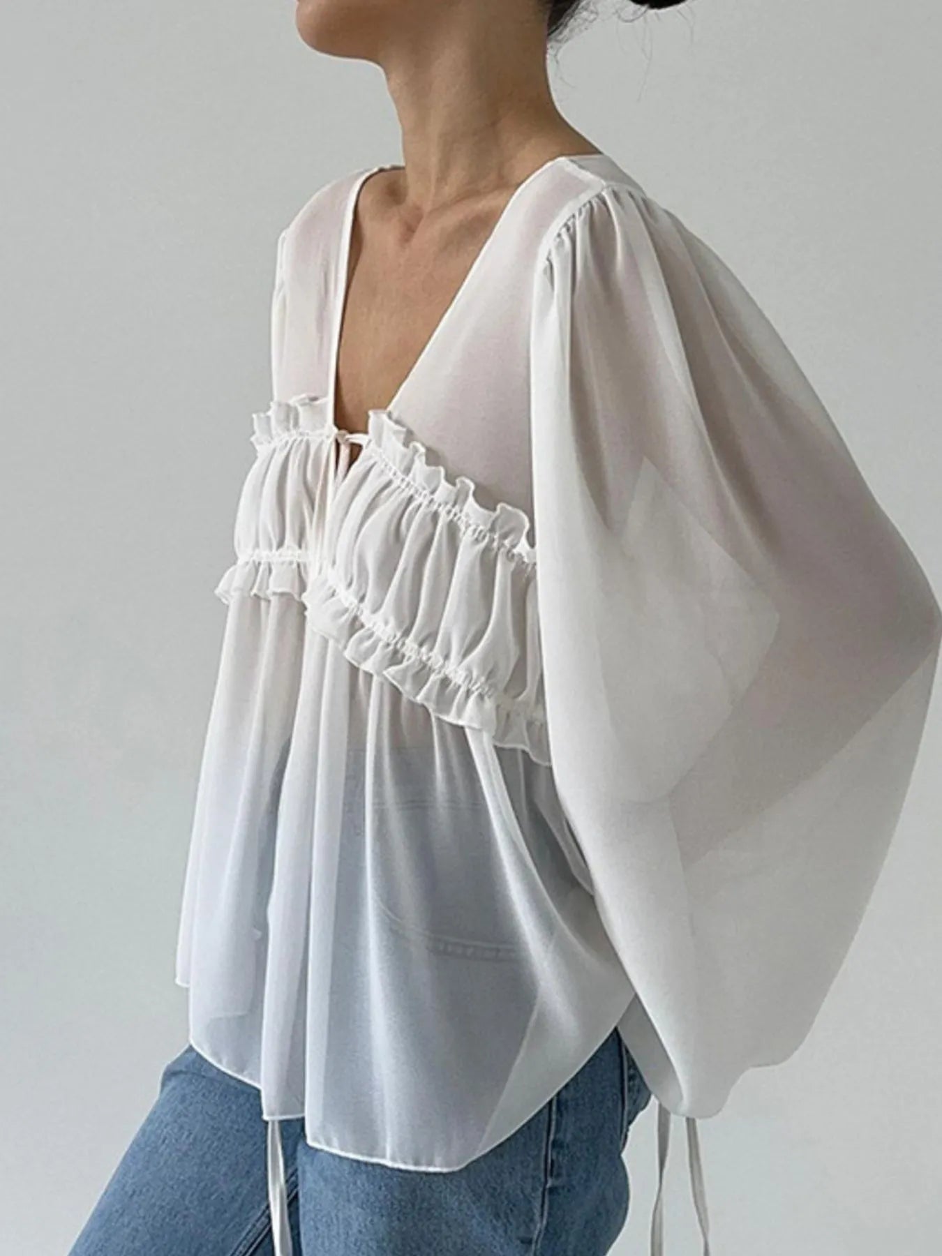 White Ruffled Tie Front Long Sleeve Sheer Blouse - Image 7