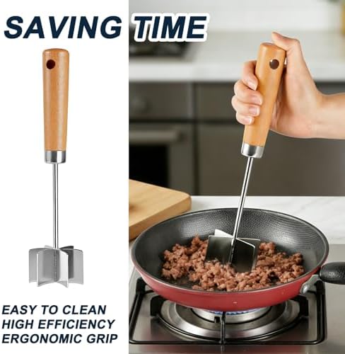 Stainless steel Meat Chopper, 6 Curve Blades Ground Beef Smasher, Potato Masher