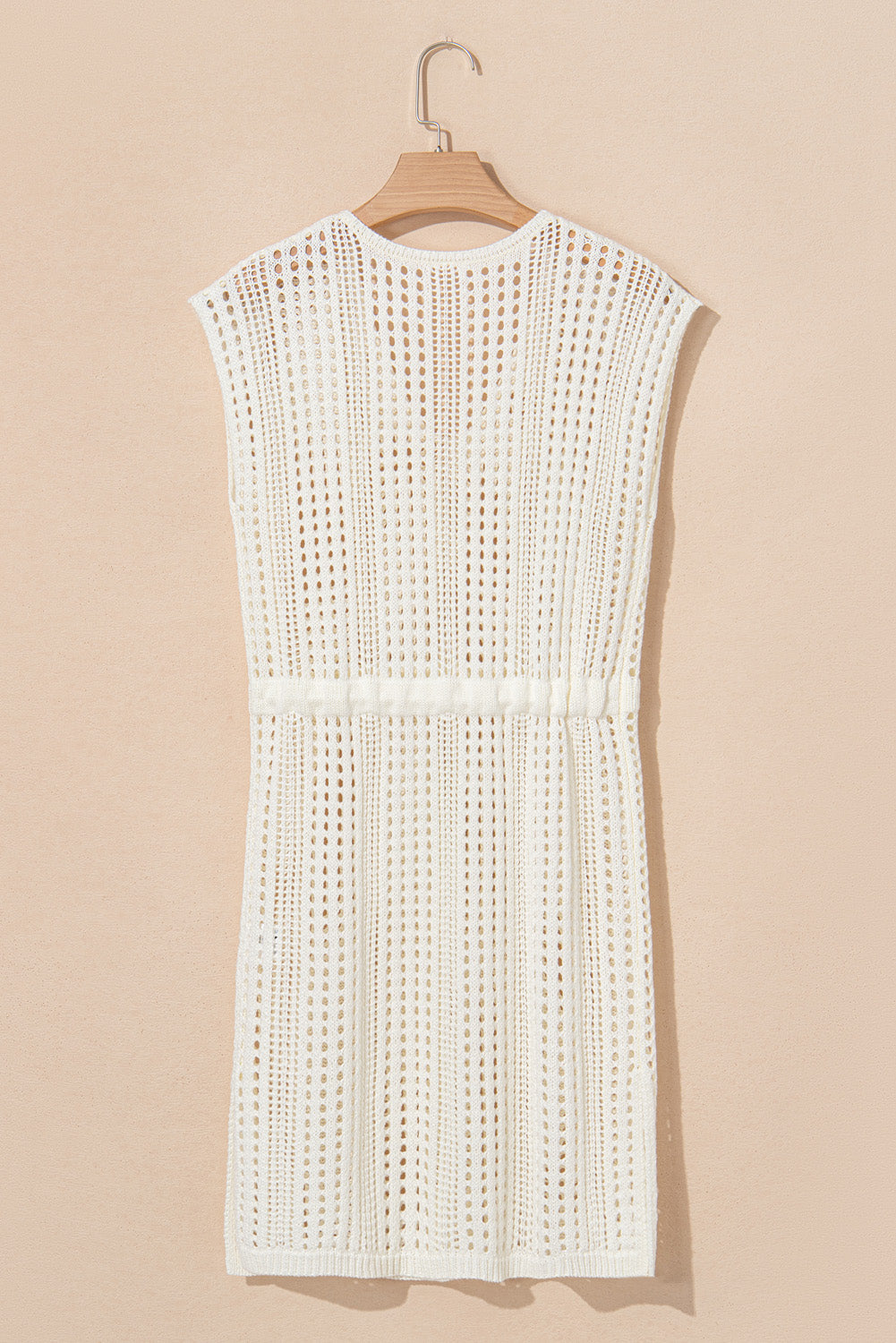White Open Knit Drawstring Waist Beach Dress