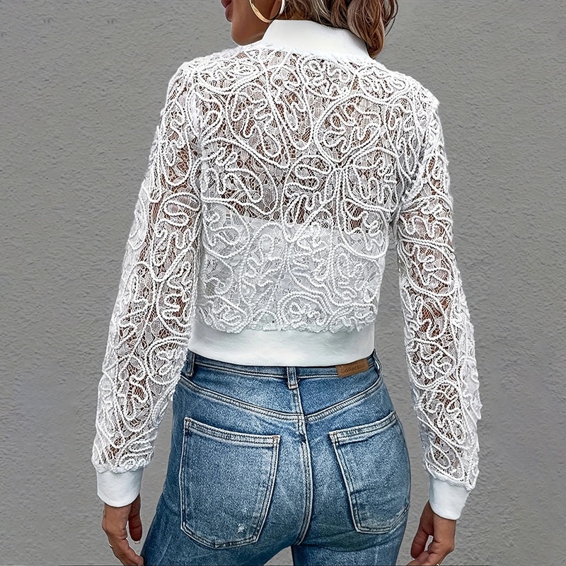 Women's White Elegant Lace Zip-Up Long Sleeve Bomber Jacket