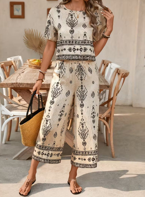 Women's Ethnic Print Two-Piece Crop Top and Straight-Leg Pants Set - Image 6