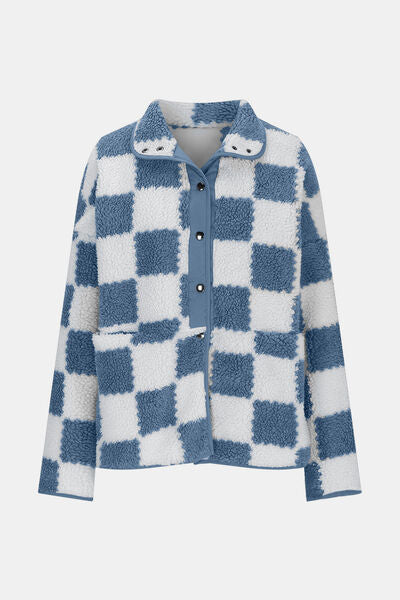 Women’s Checkered Snap Down Teddy Jacket in White and Brown