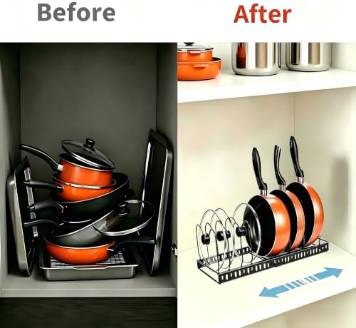 Metal Pot and Pan Organizer, 2-Section Heavy-Duty Expandable Rack, 7 Adjustable