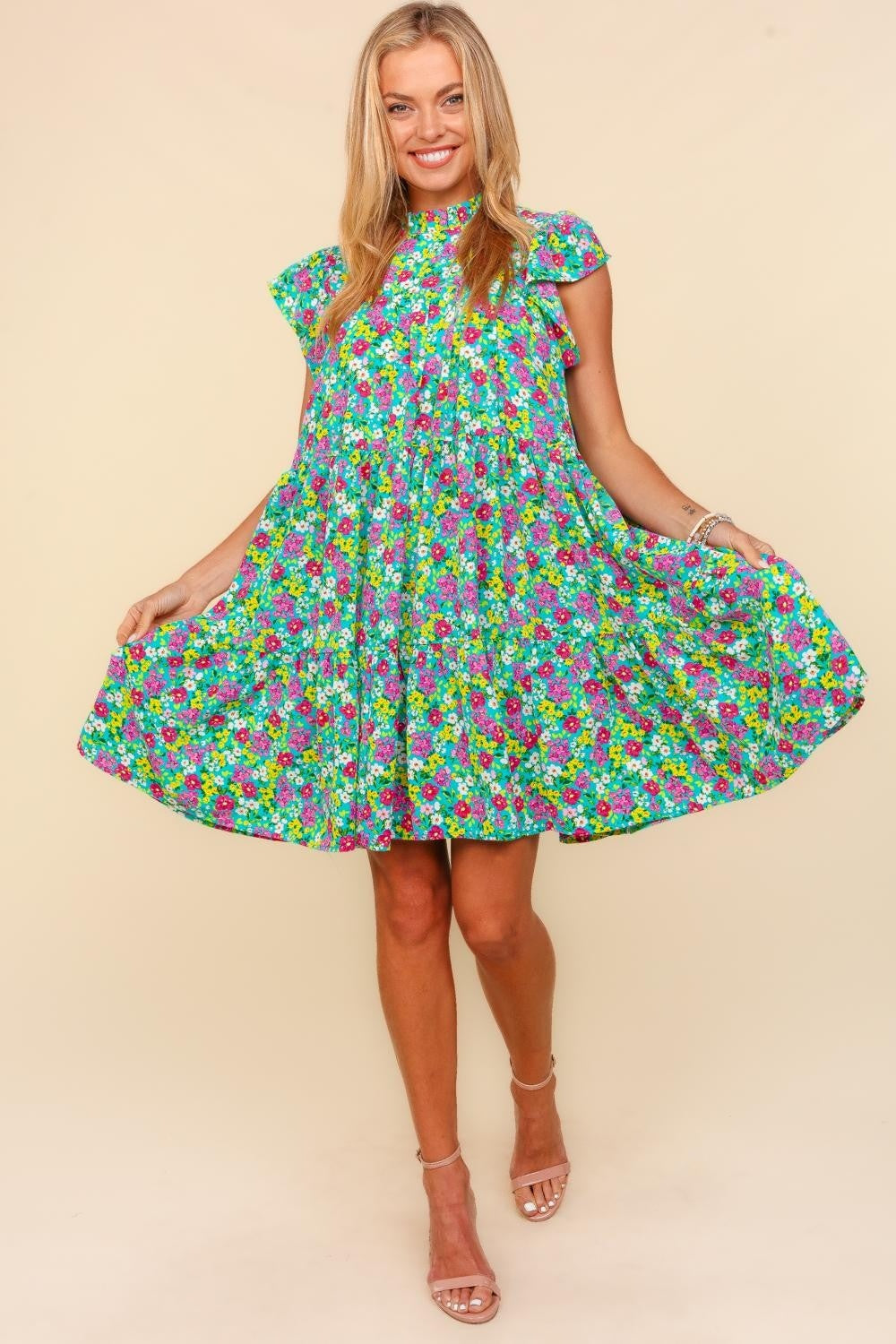 Frilled Mock Neck Ditsy Floral Tiered Dress with Pockets