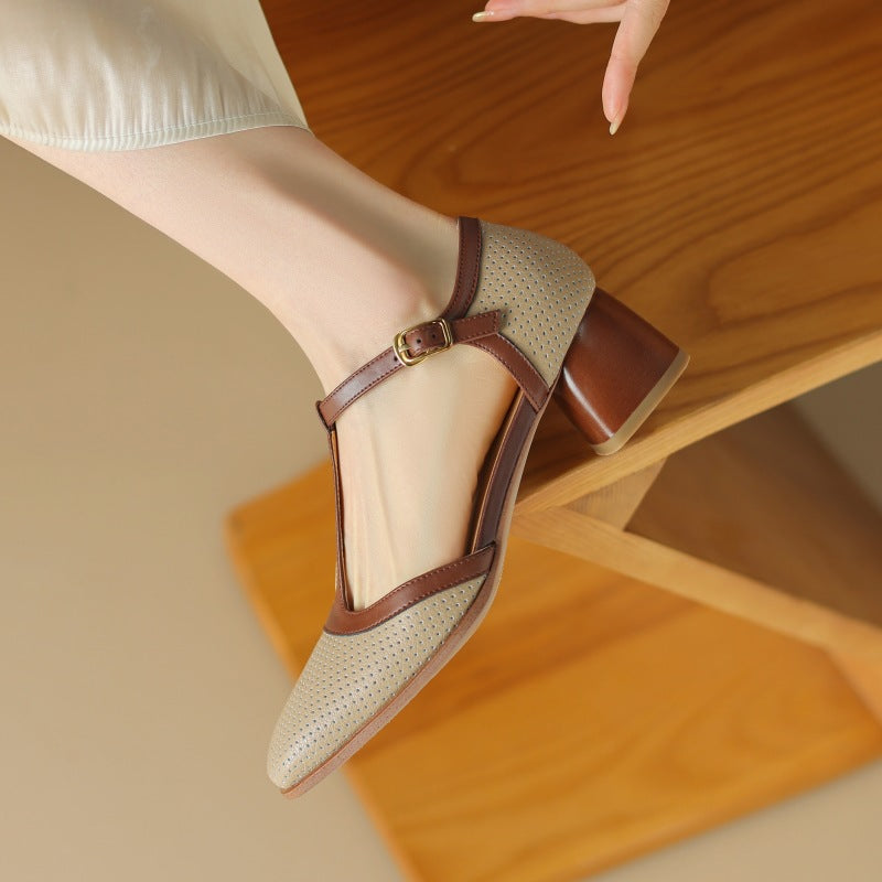 Women's Leather T-Strap Mule Sandals Vintage Inspired