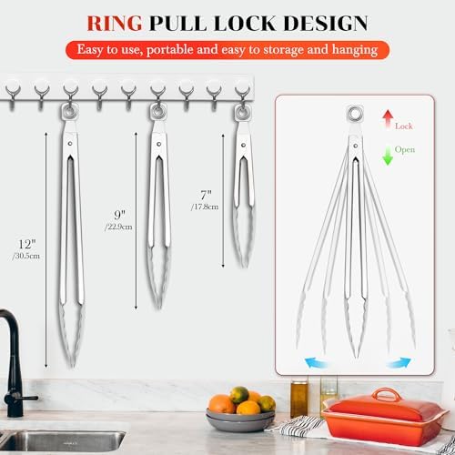 7/9/12 Inch Kitchen Tongs for Cooking, Heat Resistant Stainless Steel Tongs