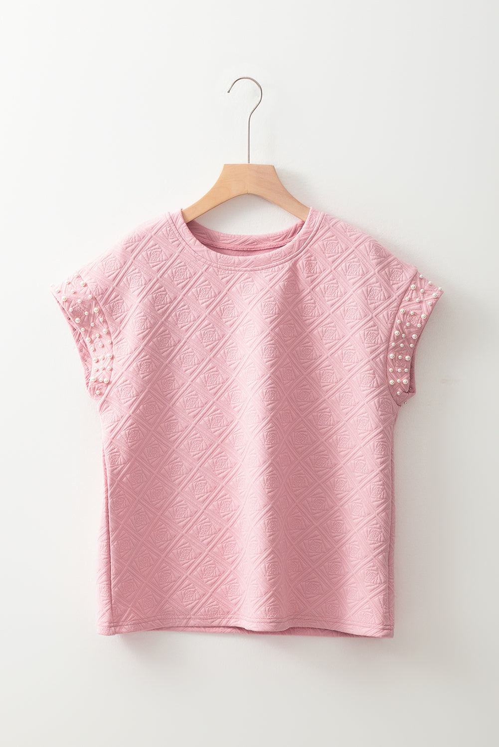 Light Pink Pearl Embellished Flower Textured T-Shirt