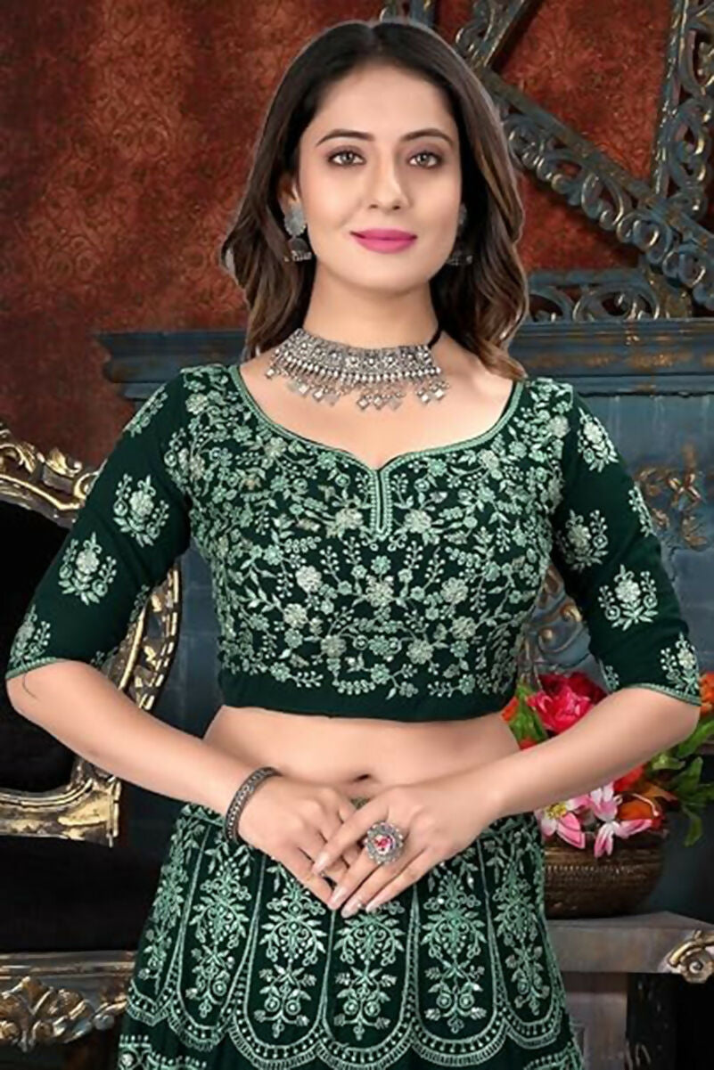 Bottle Green Faux Georgette Lehenga Choli with Sequins & Jari