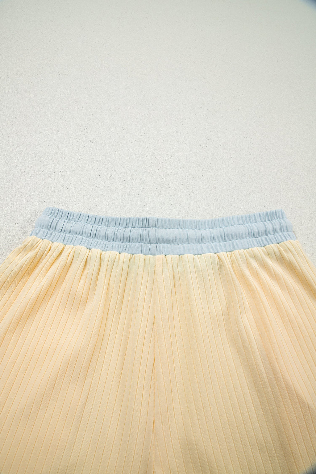 Sunny Trim Casual Short Set: Ribbed Knit Loungewear Outfit