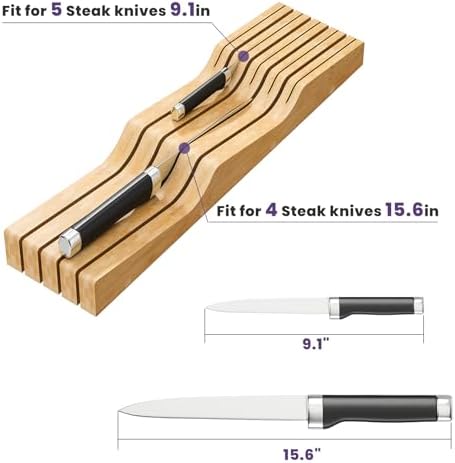 Bamboo In-Drawer Knife Block for 9 Knives, Knife Drawer Organizer, Knife Holder