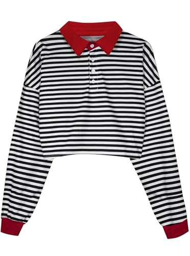 Women's Black Collared Half Button Polo Crop Sweatshirt - Image 27