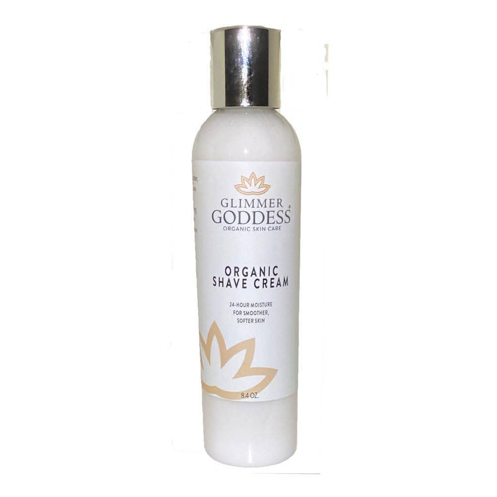 8 oz container of Glimmer Goddess Organic Shave Cream, a soothing, chemical-free formula for sensitive skin.