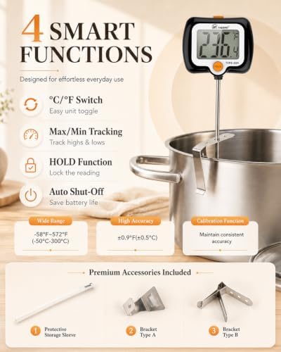 Digital Candy Thermometer with 180° Rotating LED Screen, 304 Stainless Steel