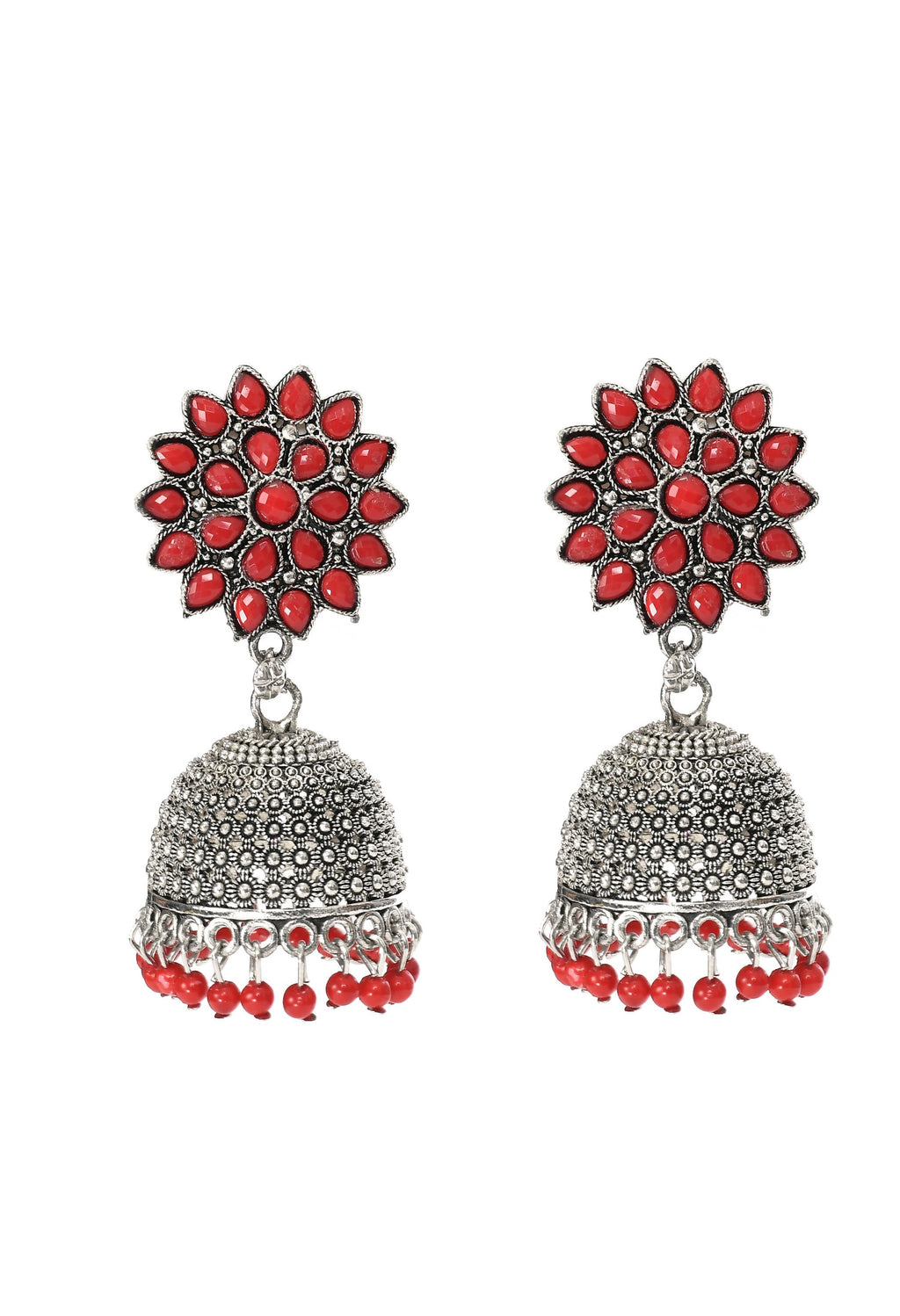 Kundan work jhumka earrings with elegant red bead embellishments