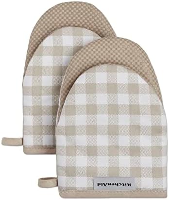 KitchenAid Gingham Mini Oven Mitt 2-Pack Set, Milkshake Tan